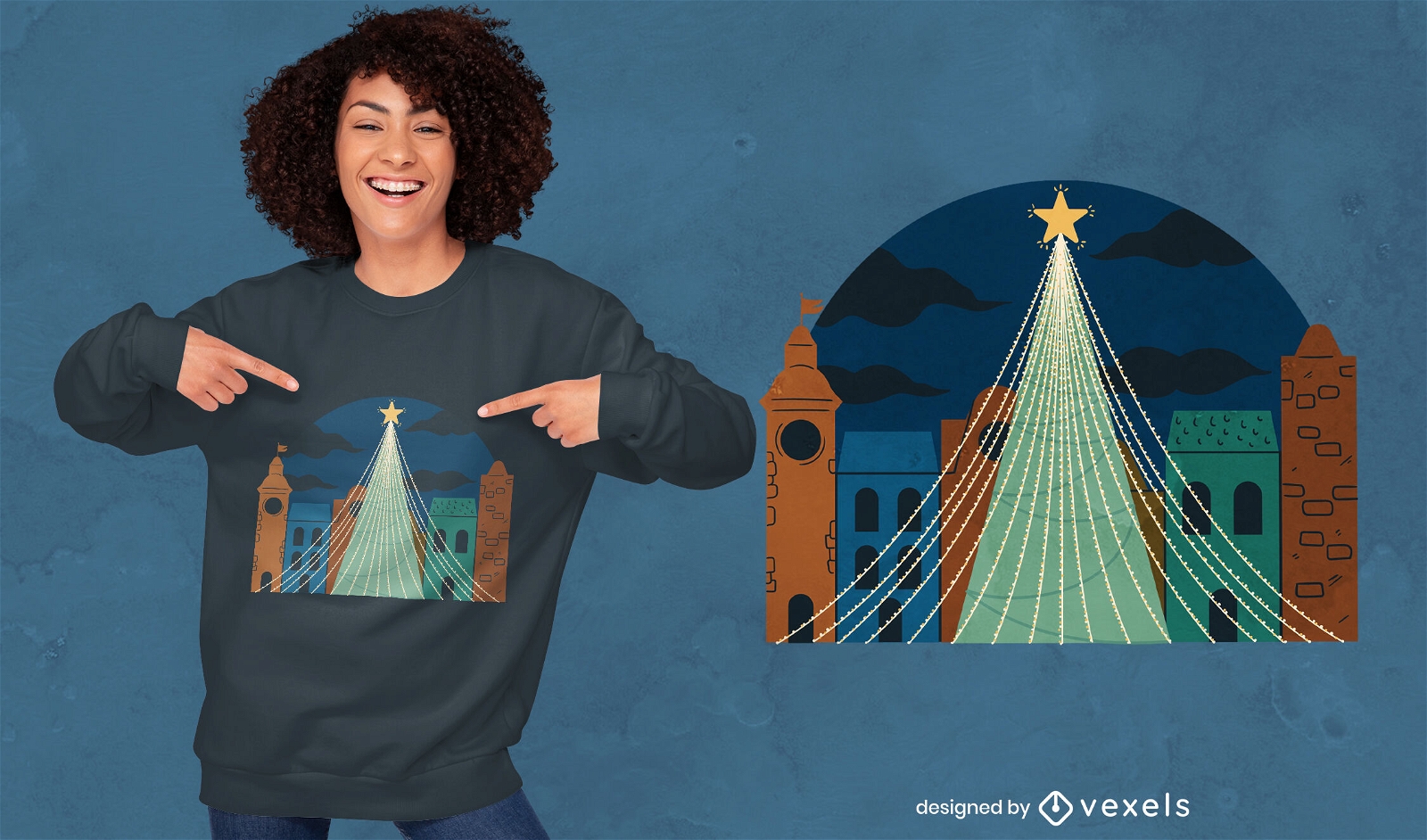 Diseño de camiseta de edificios de árboles de Navidad.