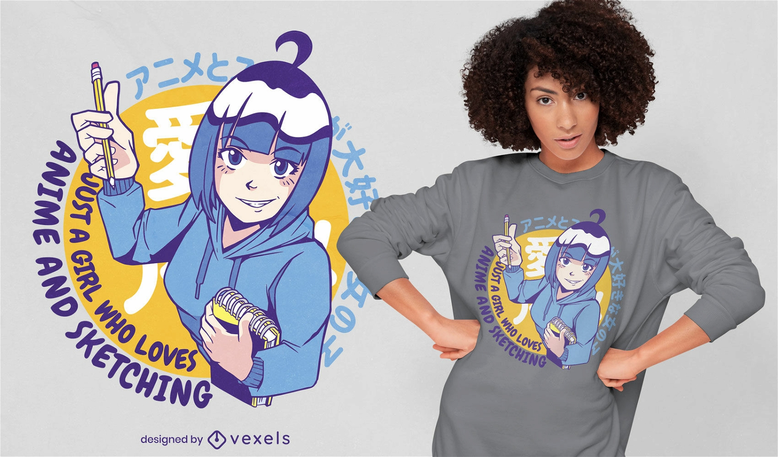 Garota de anime japonesa desenhando design de camiseta