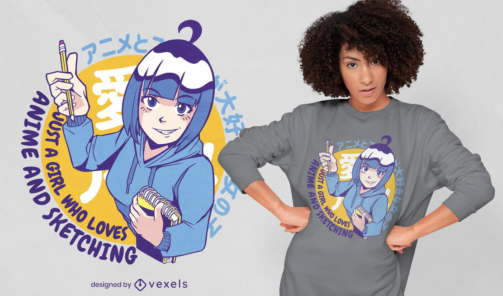 Japanisches Anime-Mädchen, das T-Shirt-Design zeichnet