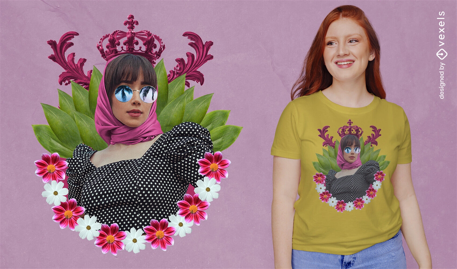Queen with sunglasses and flowers t-shirt psd