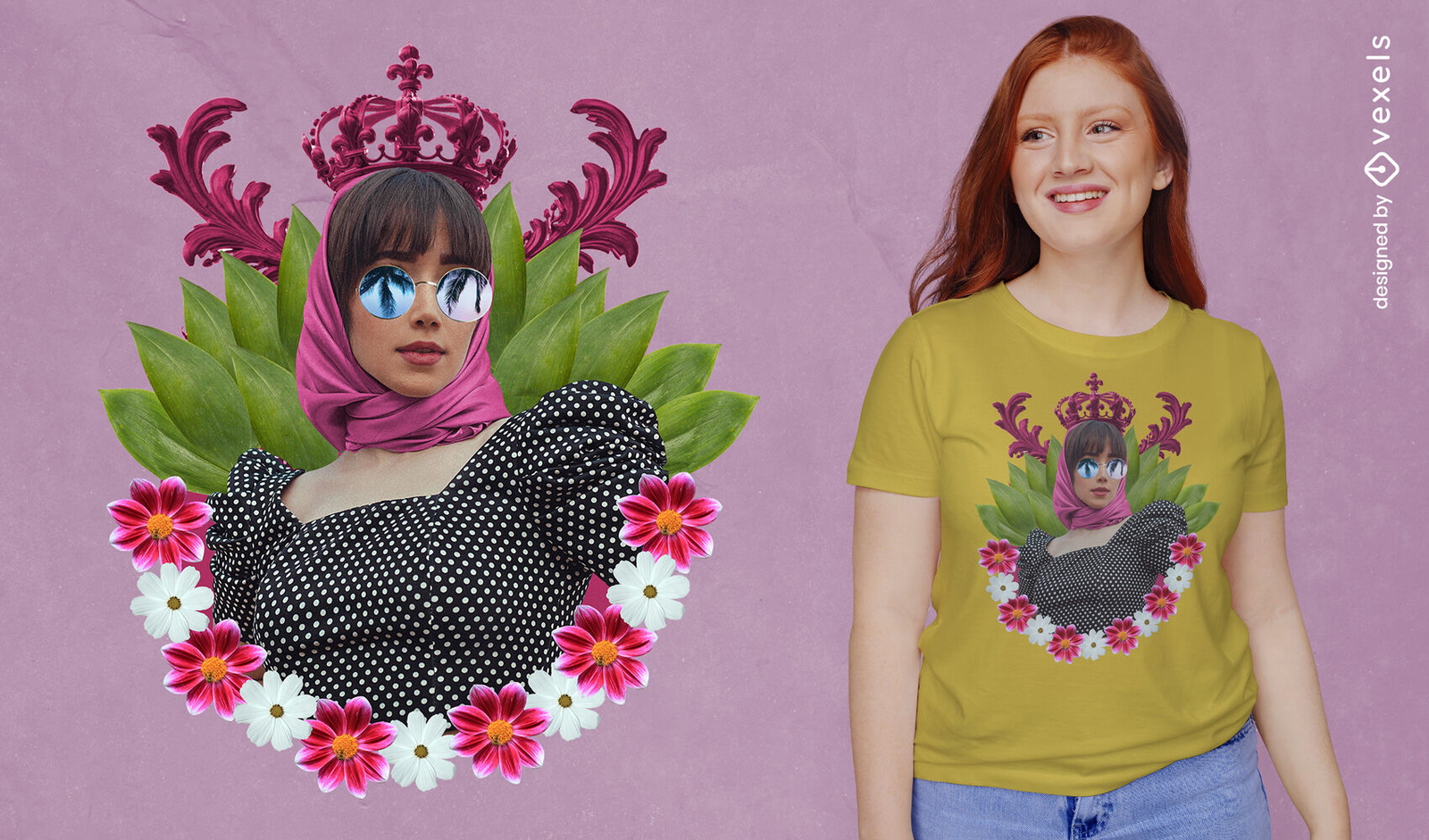 Rainha com óculos escuros e camiseta de flores psd