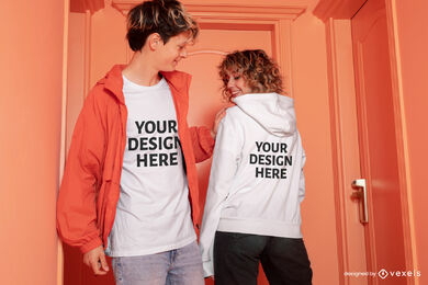 Happy couple in orange background hoodie mockup