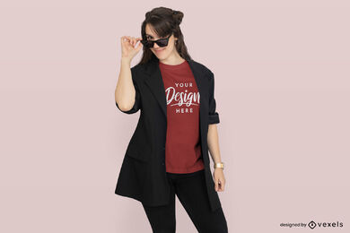 Woman with sunglasses and jacket t-shirt mockup