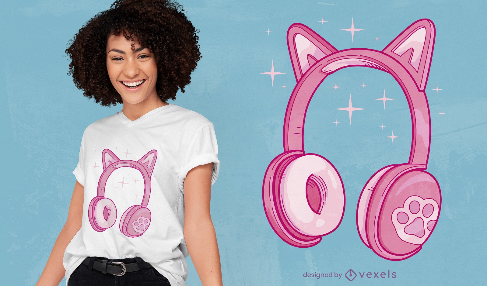 Design de camiseta de fones de ouvido de orelhas de gato bonito