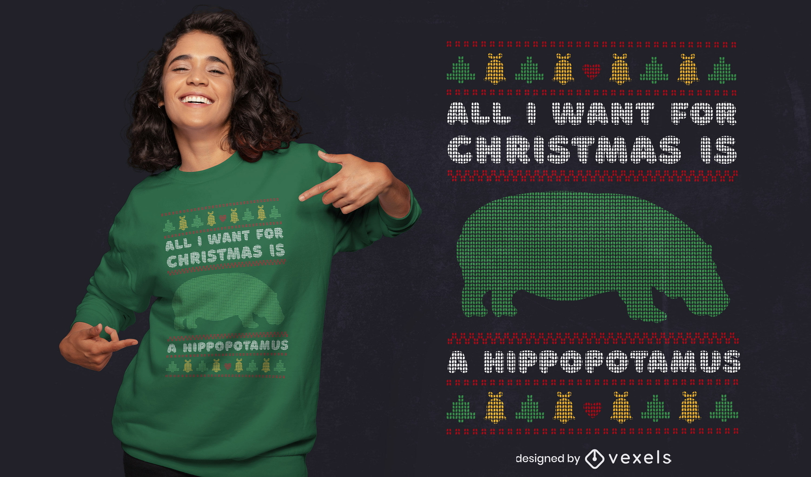 Design de t-shirt de suéter de natal feio hipopótamo