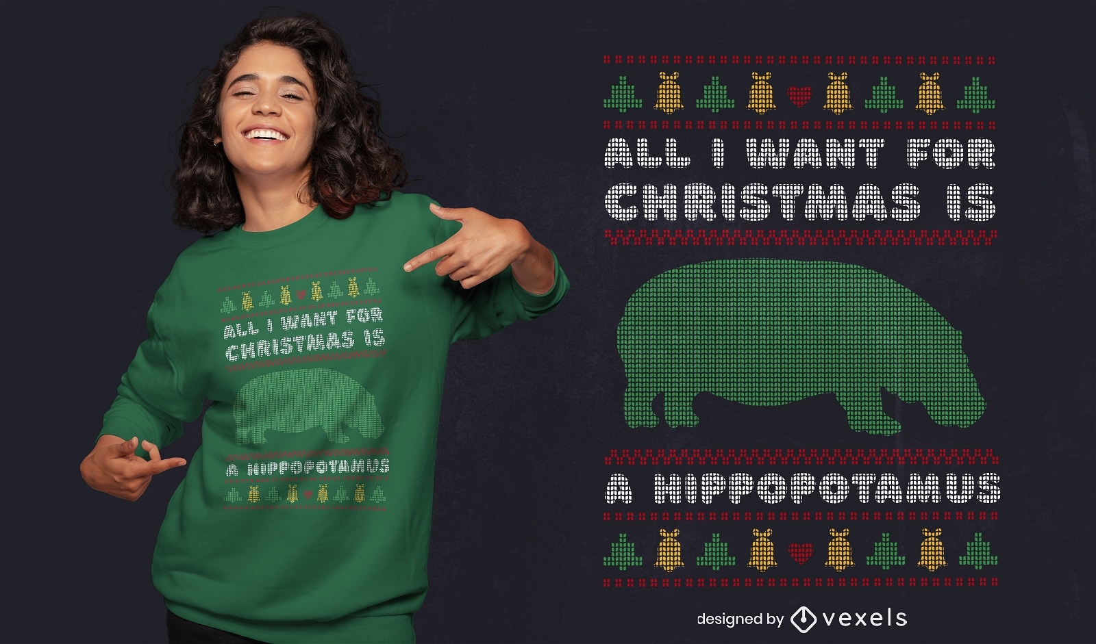 Diseño de camiseta de suéter navideño feo de hipopótamo