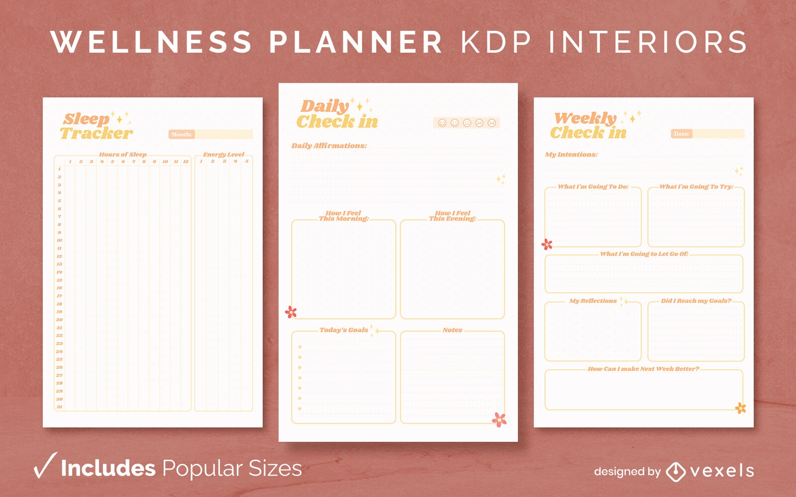 Retro wellness planner design template KDP