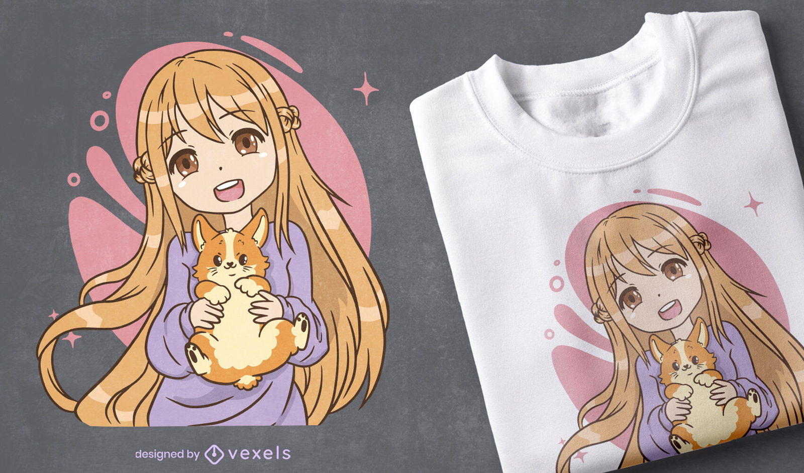 Anime Mädchen und Corgi Hund T-Shirt Design