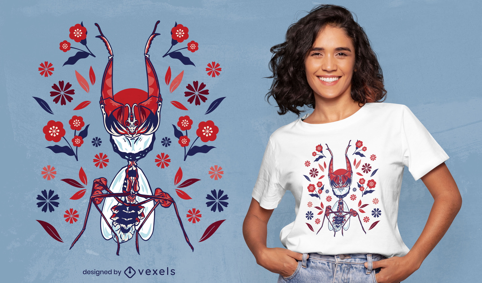 Diseño de camiseta de mantis religiosa floral