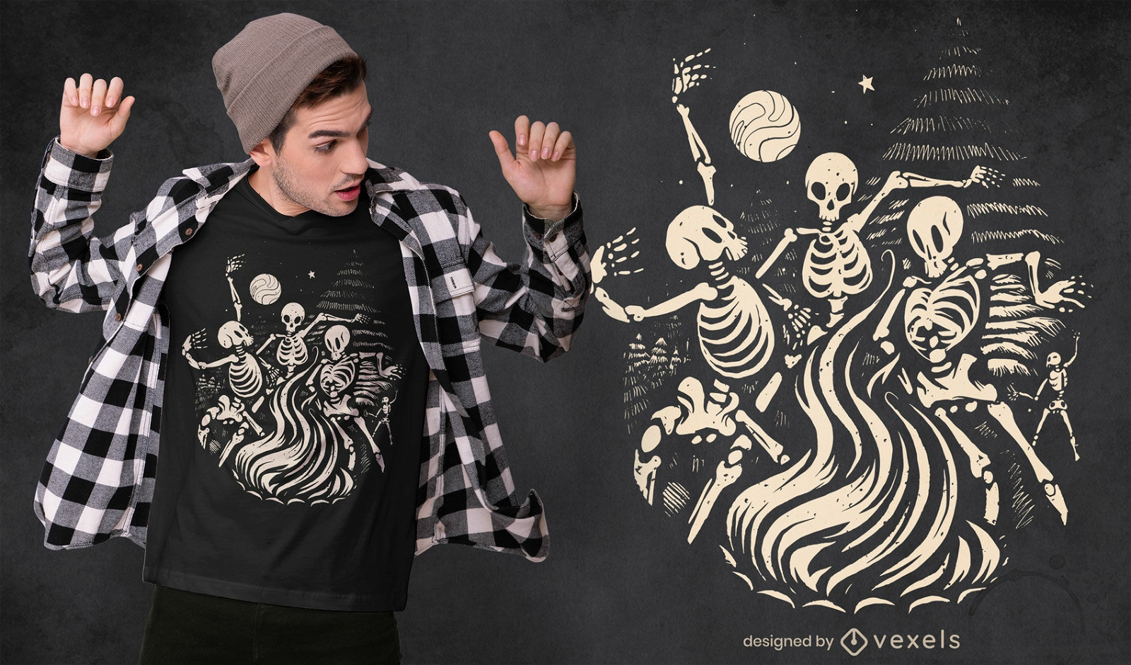 Esqueletos dançando no design de camiseta de fogueira