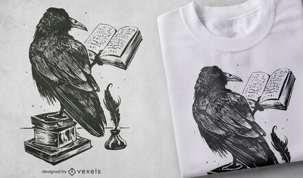 Diseño de camiseta de libro de lectura de pájaro cuervo.