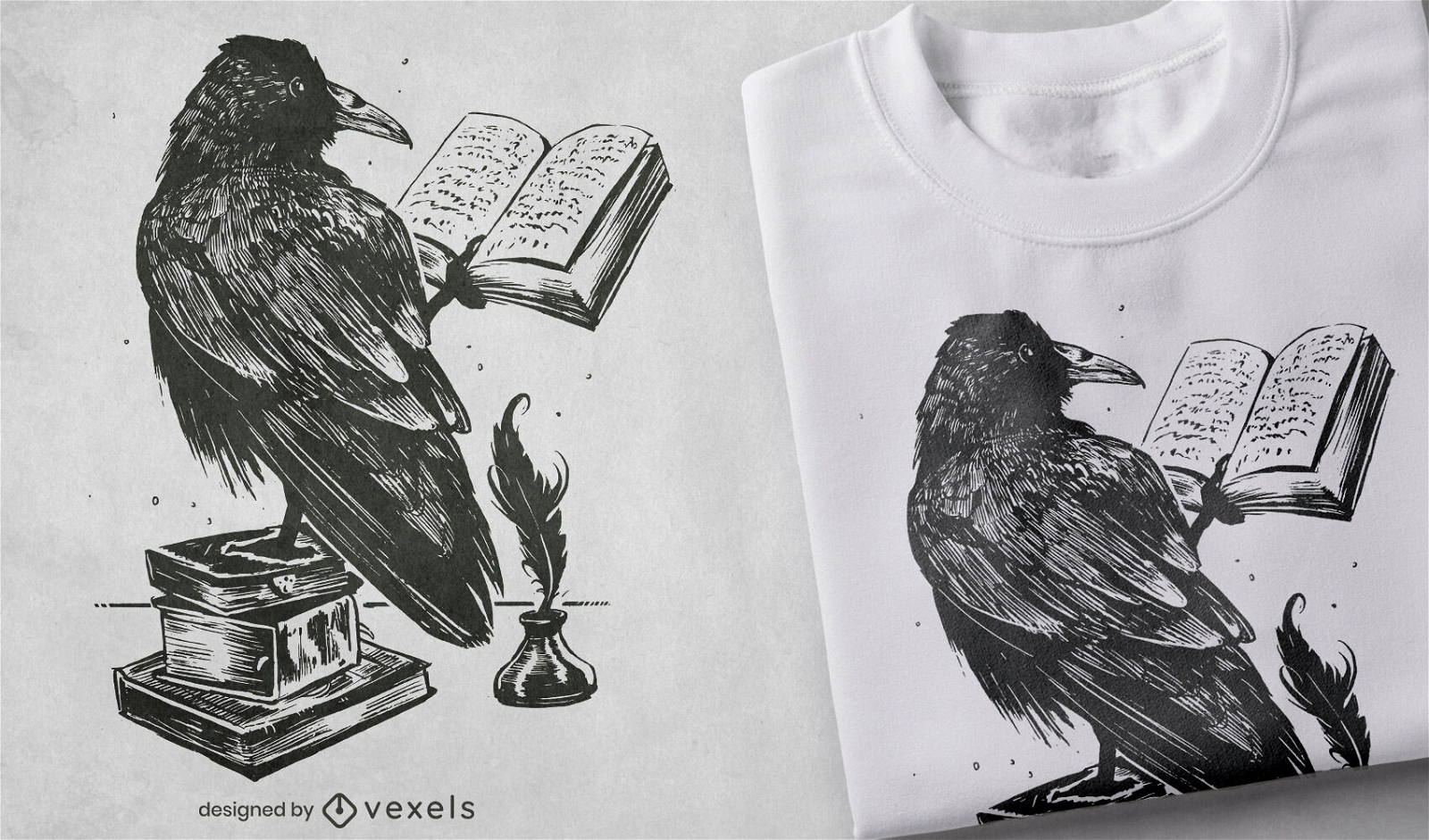 Desenho de camiseta de livro de leitura de p?ssaro corvo