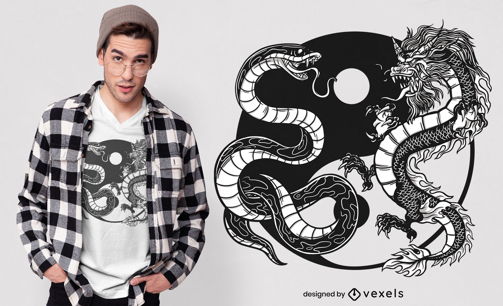 Diseño de camiseta de serpiente y dragón yin yang