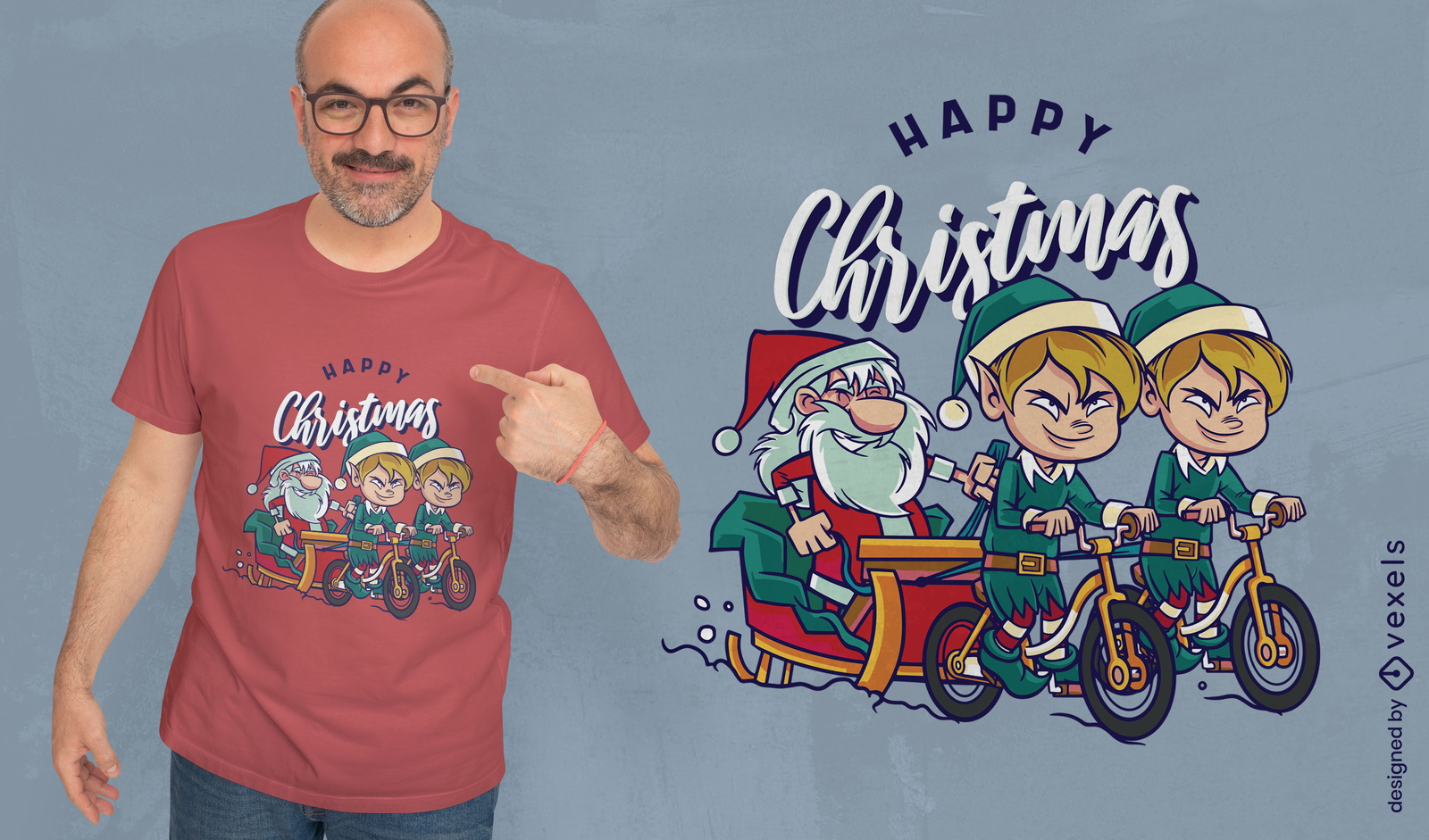 Elfos navideños y diseño de camiseta de Papá Noel.