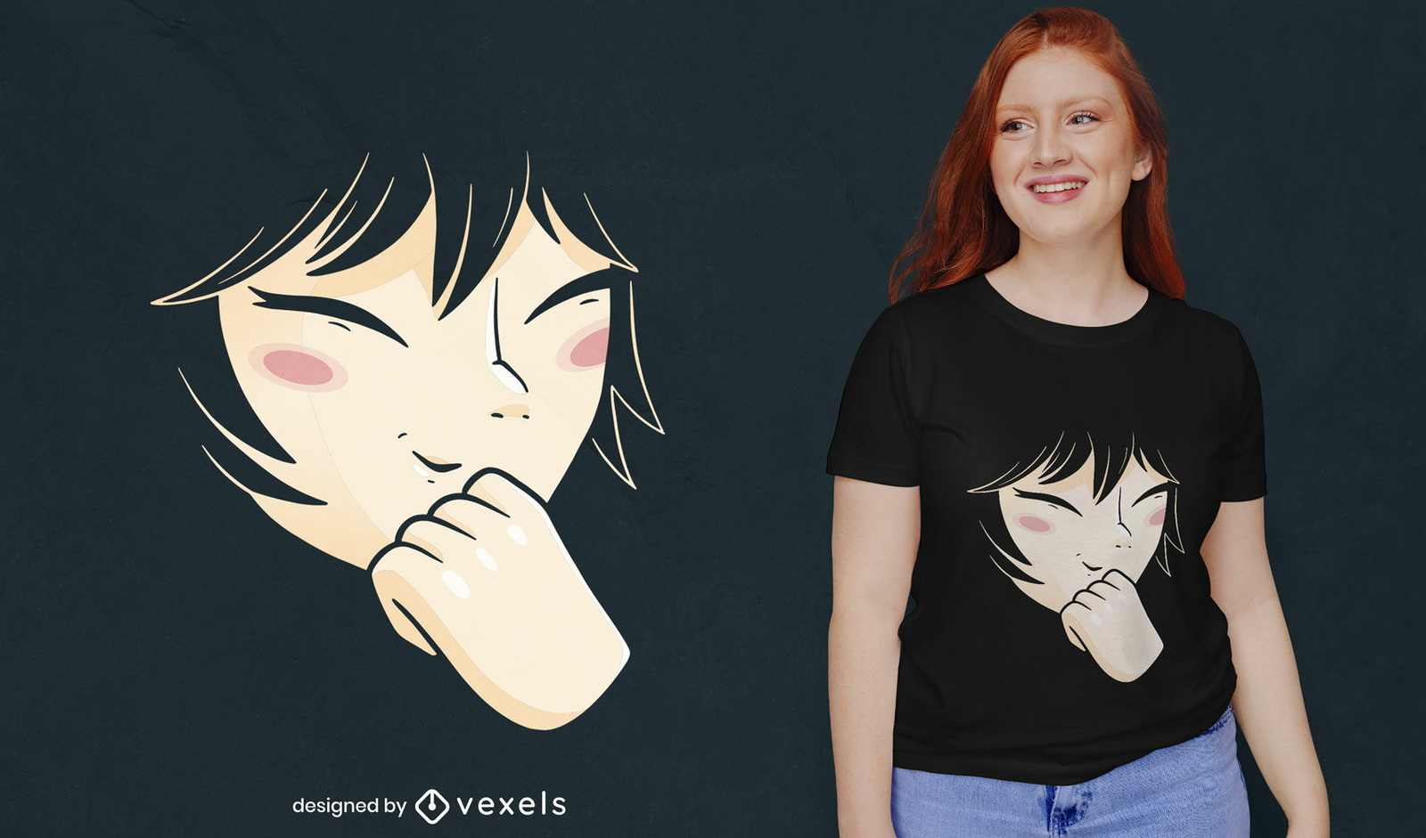 Diseño de camiseta de chica anime riendo.