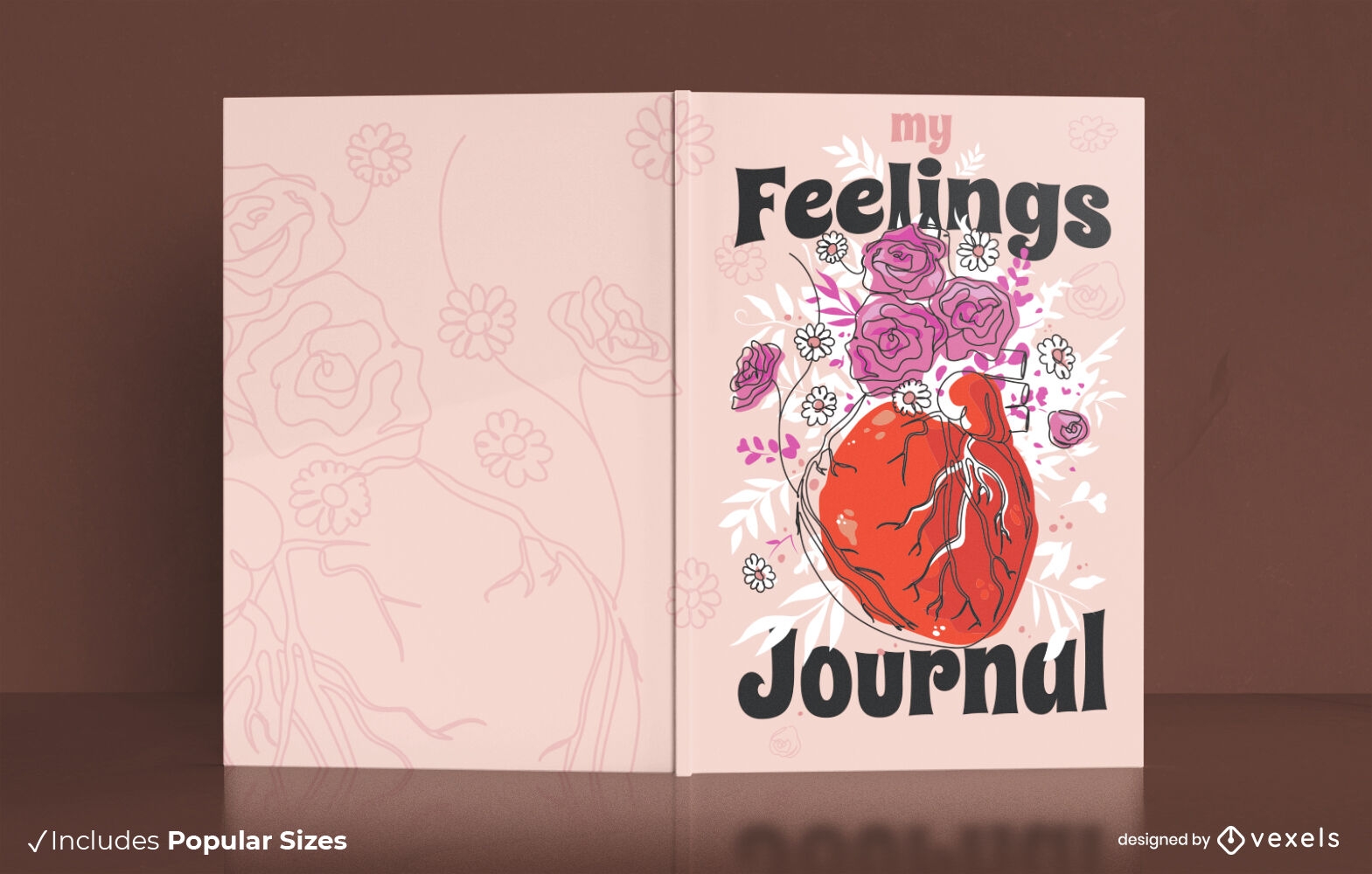 Diseño de portada de libro de diario de corazón y flores.