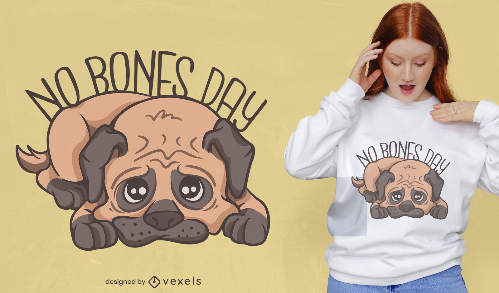 Diseño de camiseta de dibujos animados de perro pug triste