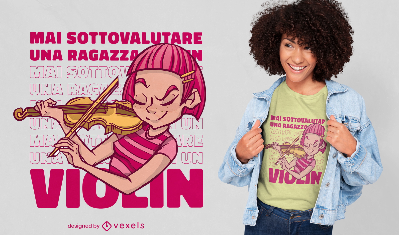 Design de camiseta com citação italiana de garota de violino