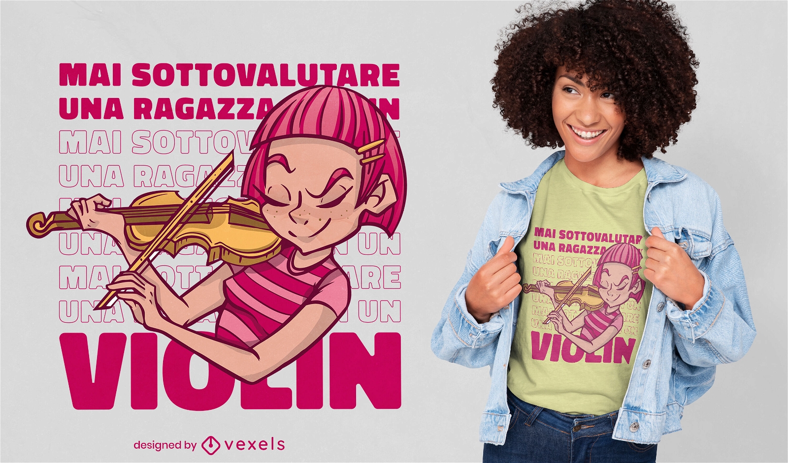 Diseño de camiseta de cita italiana de niña violín