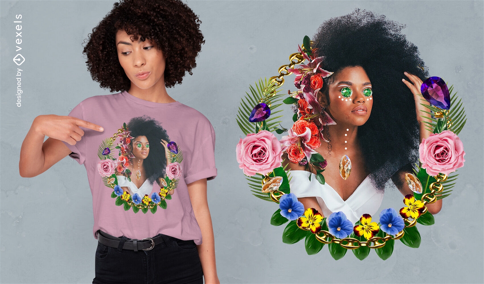 Woman with afro hair and flowers t-shirt psd