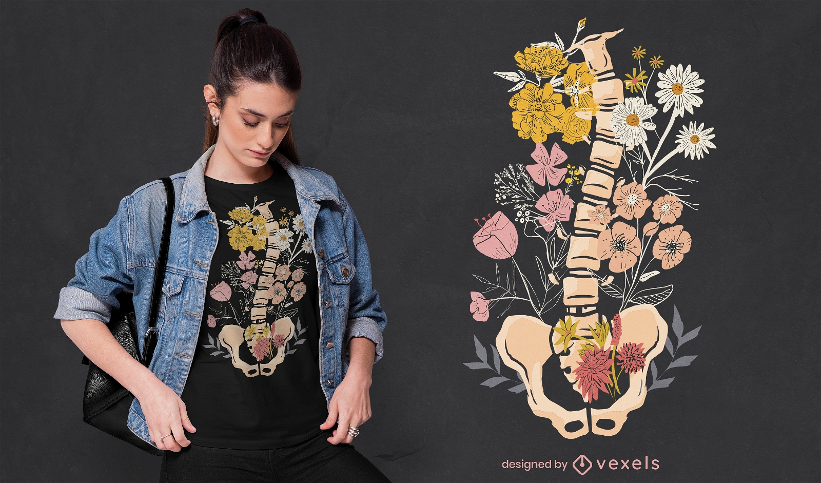 Diseño de camiseta floral de columna vertebral de escoliosis.