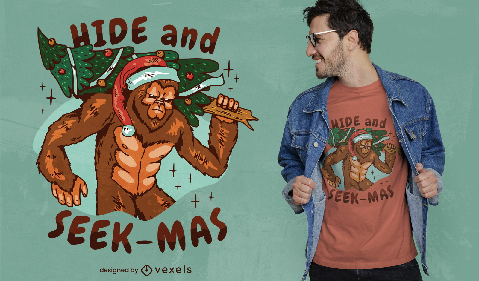 Oculte e busque o design de camisetas bigfoot de Natal