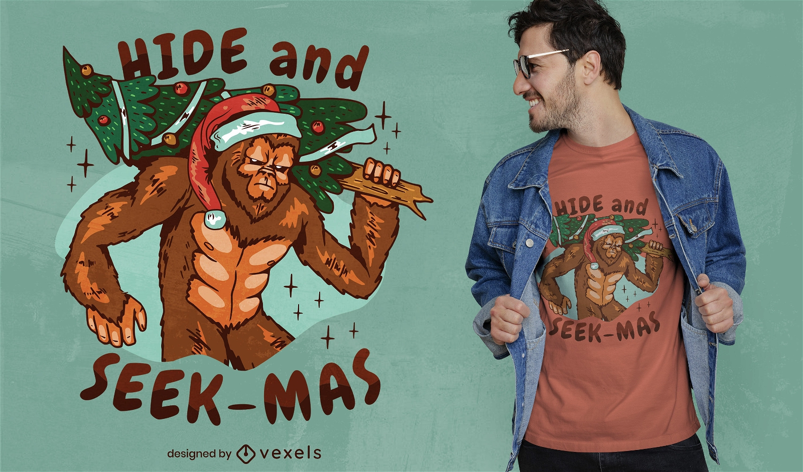 Verstecke und suche Weihnachts-Bigfoot-T-Shirt-Design