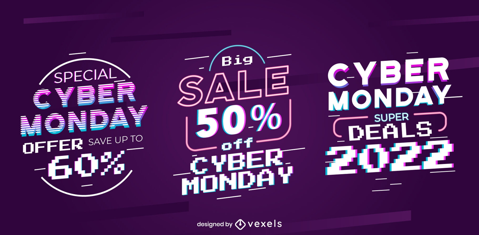 Conjunto de insignias de arte de píxeles de venta de cyber monday