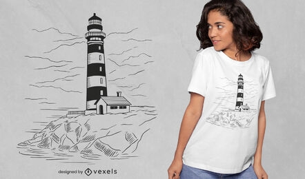 Desenho de t-shirt do farol na costa do oceano