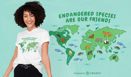 Diseño de camiseta de mapa de especies en peligro de extinción.
