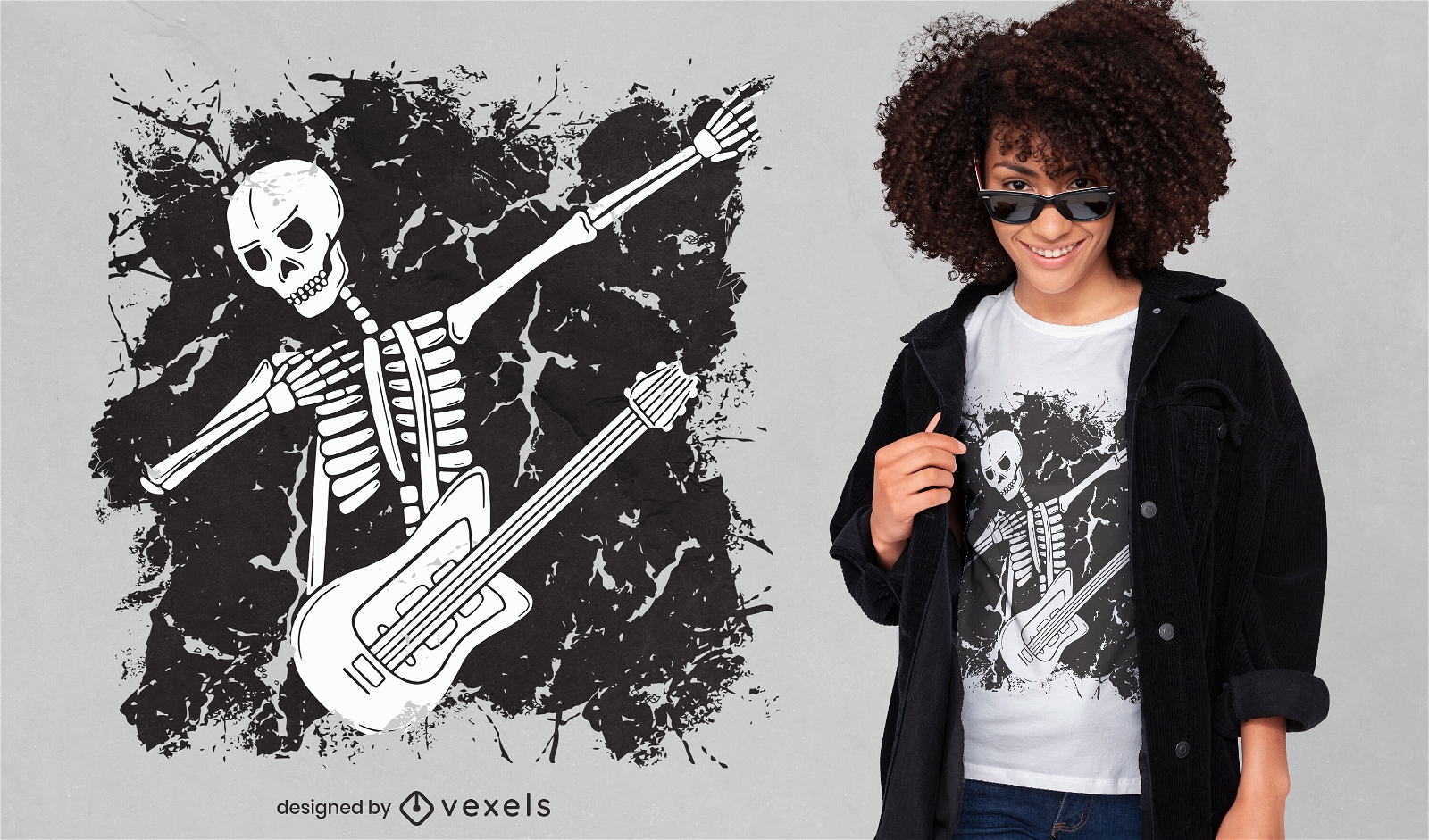 Dabbing design de camiseta de esqueleto de guitarrista