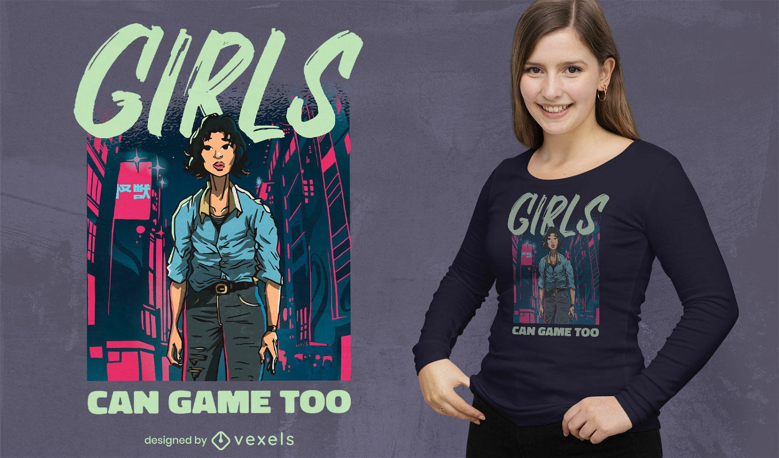 Chica gamer en el diseño de camiseta de la ciudad.