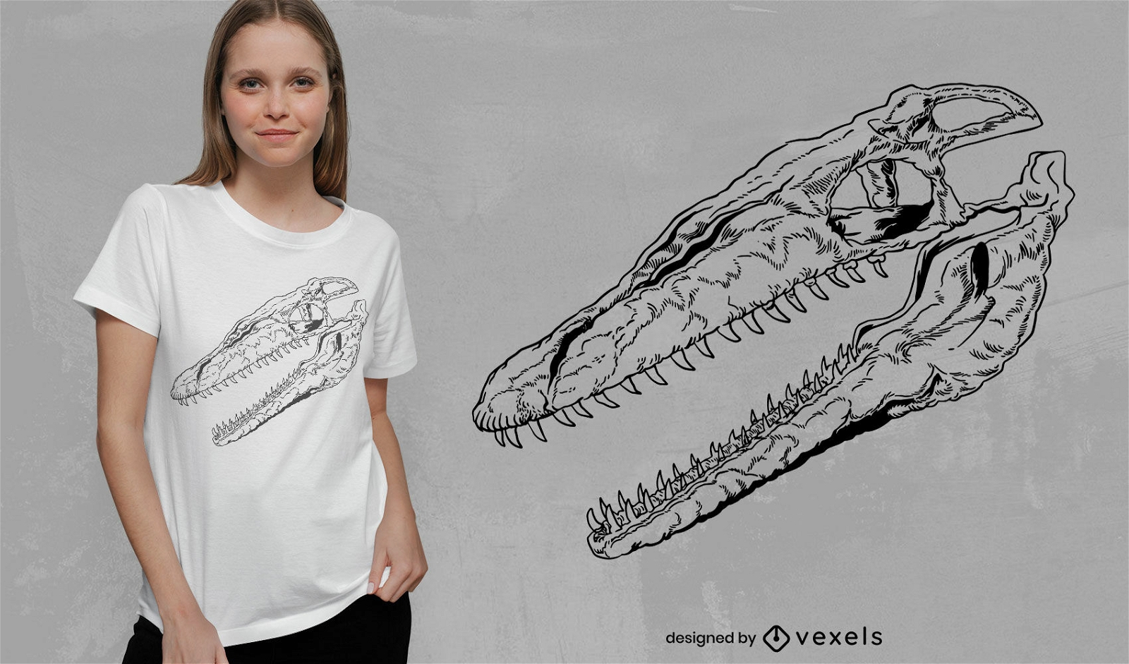 Design de camiseta com caveira de dinossauro Mosasaurus