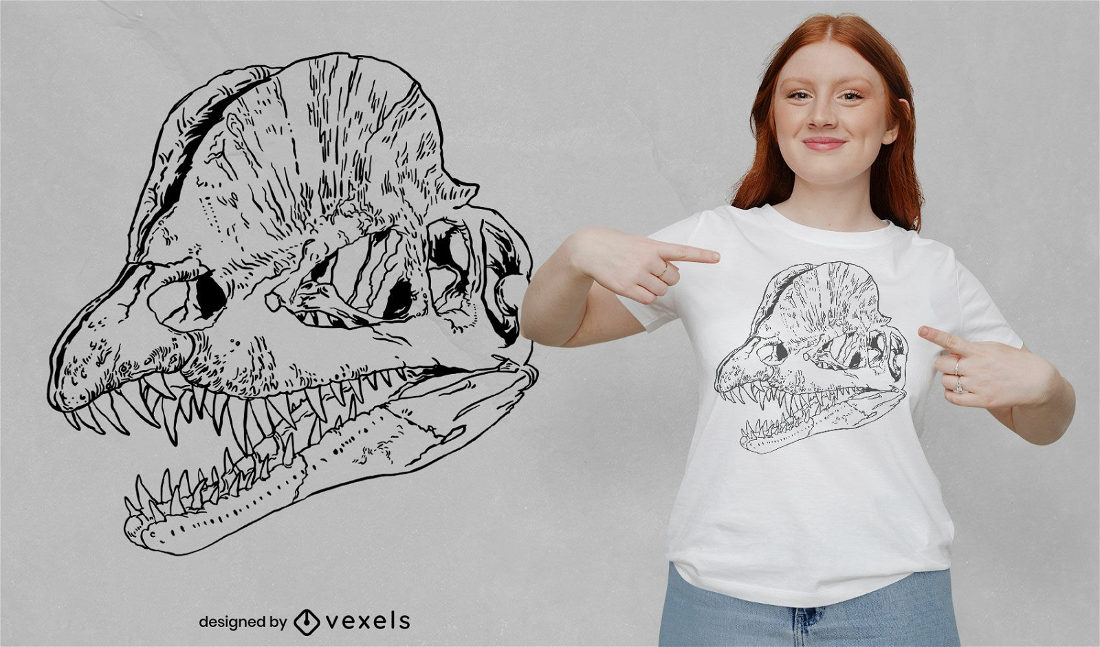 Design de camiseta com crânio de dinossauro Dilophosaurus