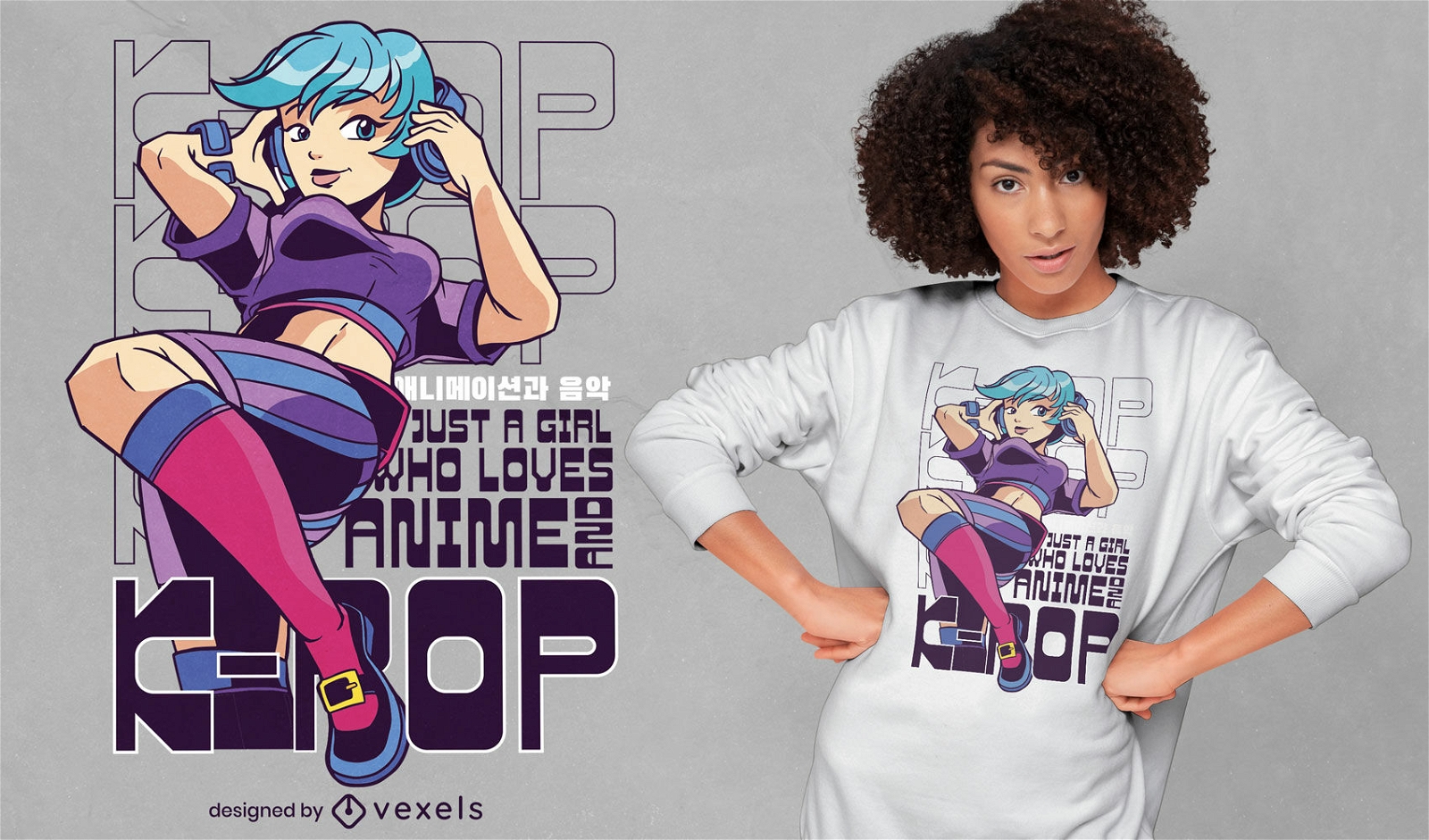 Diseño de camiseta con cita de chica K-pop y anime.