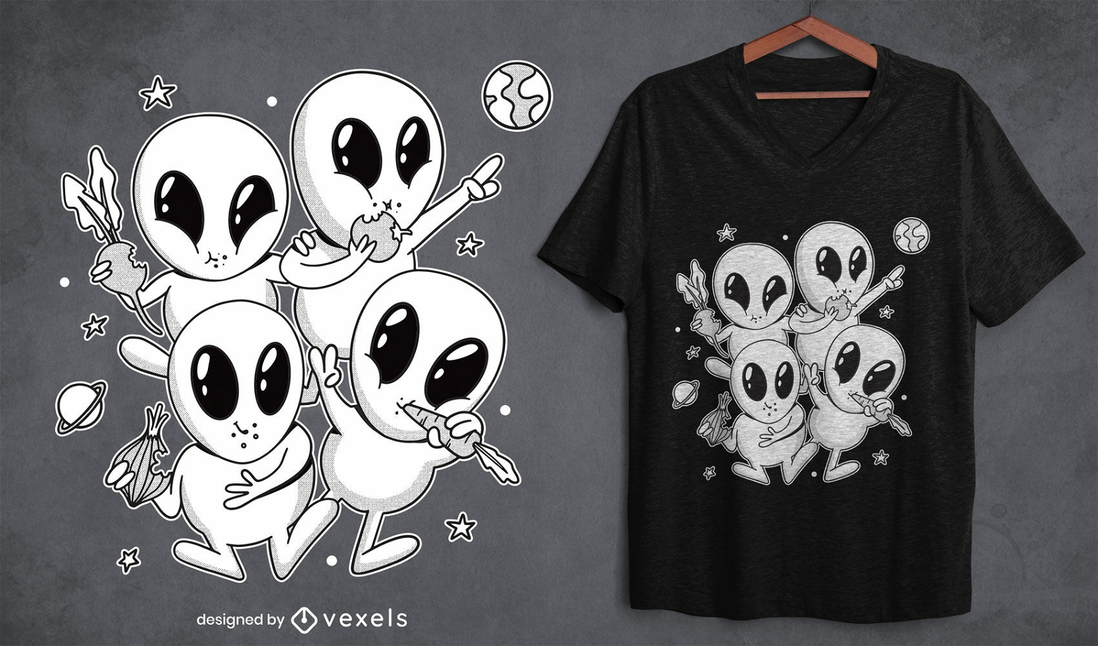 Diseño de camiseta de alienígenas vegetales.