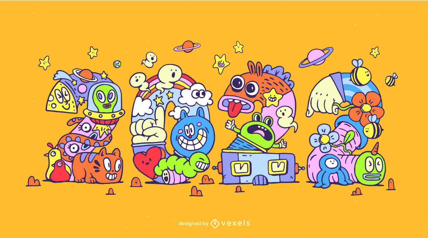 Ilustração de criaturas dos desenhos animados do ano novo de 2022