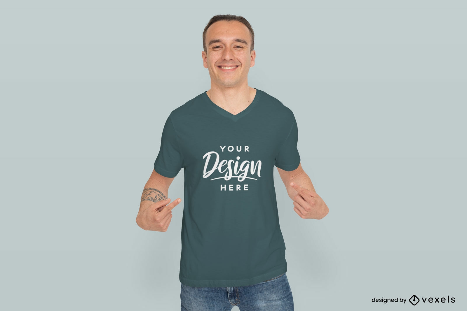 Man with short hair pointing to t-shirt mockup