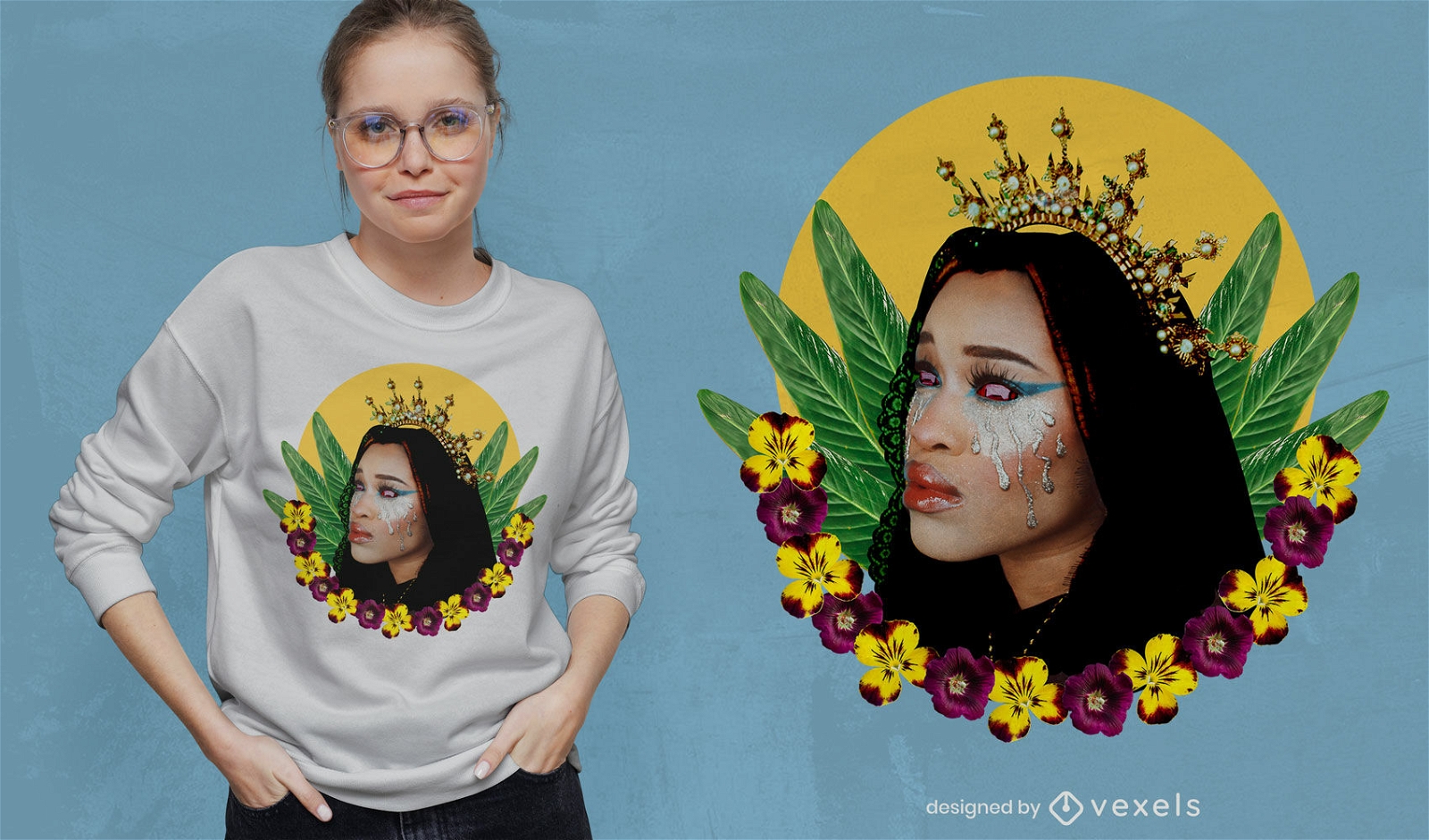 Queen with flowers and leaves t-shirt psd