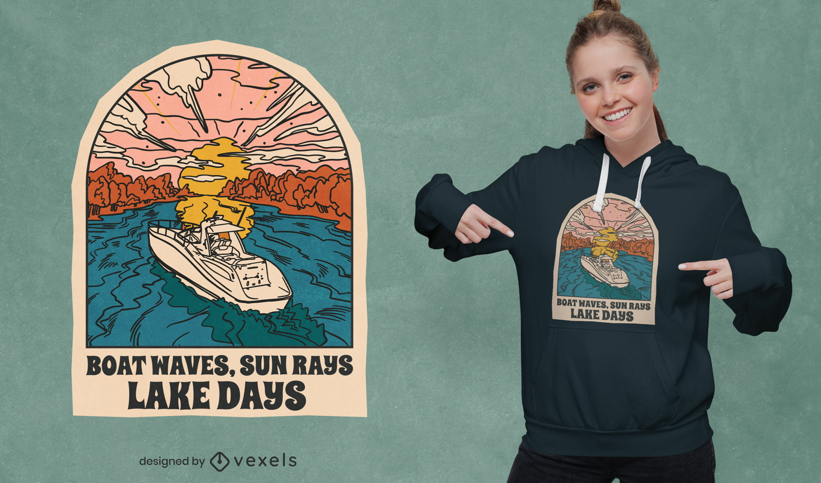 Barco no lago com design de camiseta ao pôr do sol