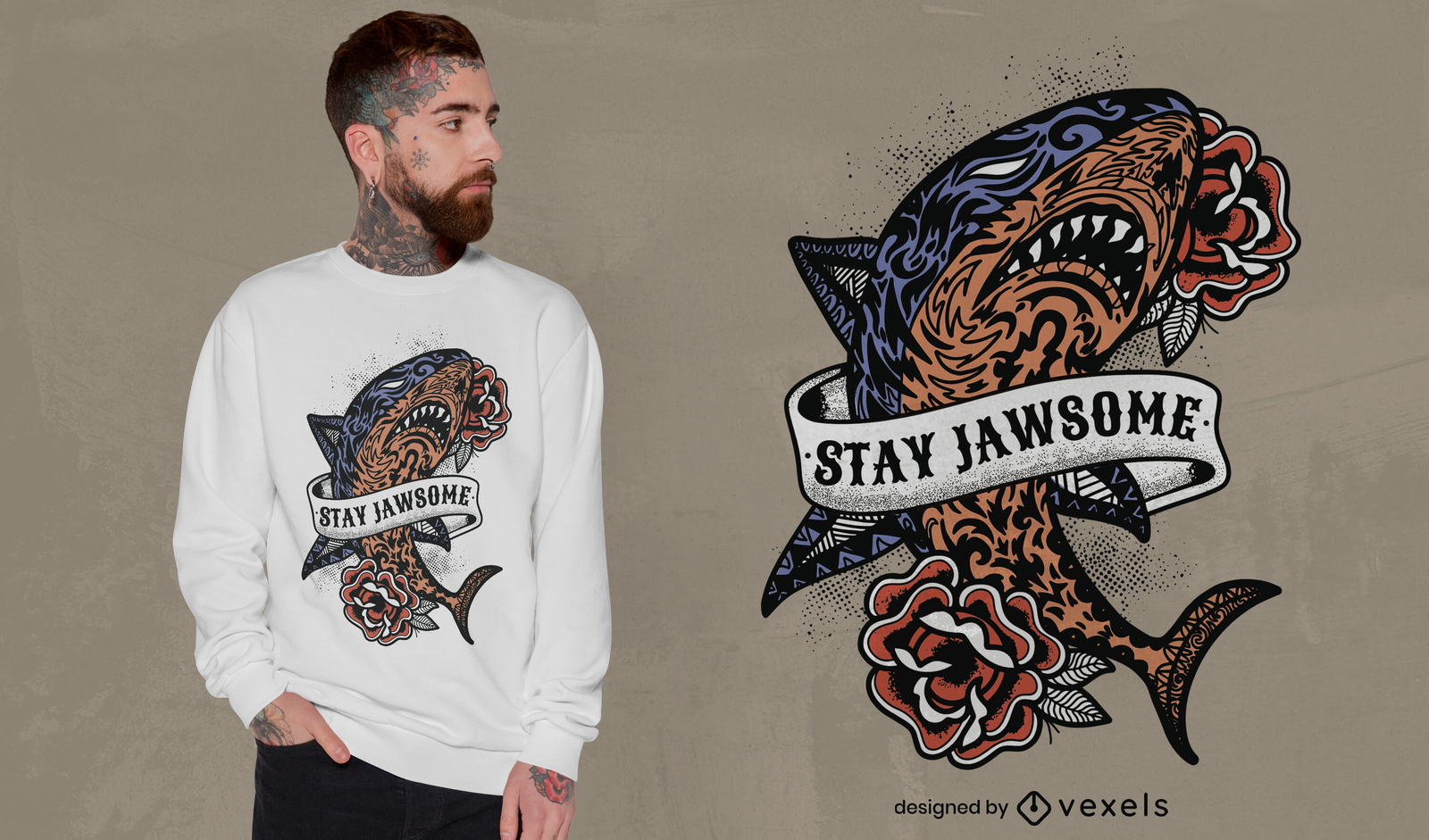 Design de camisetas com rosas e animais marinhos de tubarão