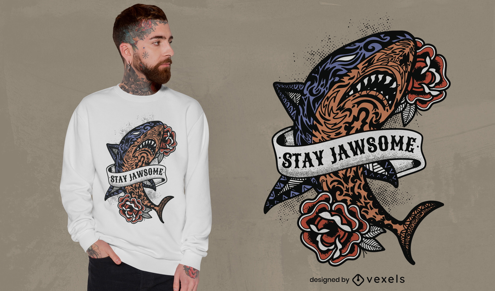 T-Shirt-Design mit Hai, Meerestier und Rosen