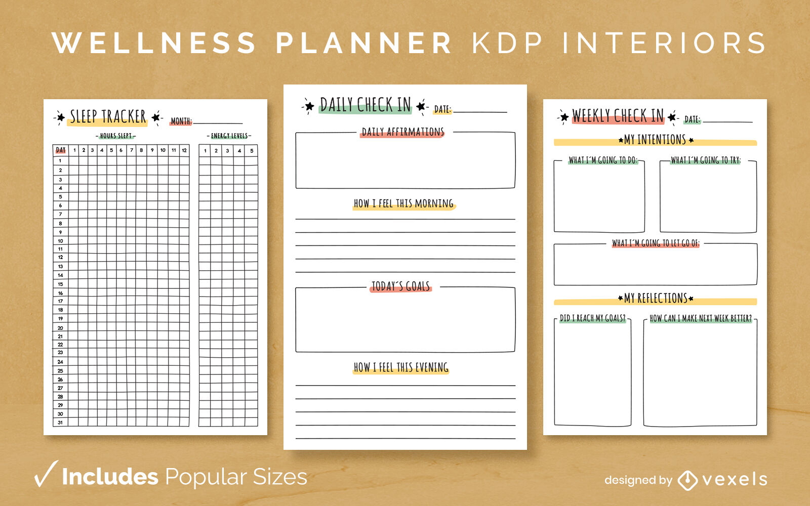 Plantilla de planificador de bienestar KDP diseño de interiores