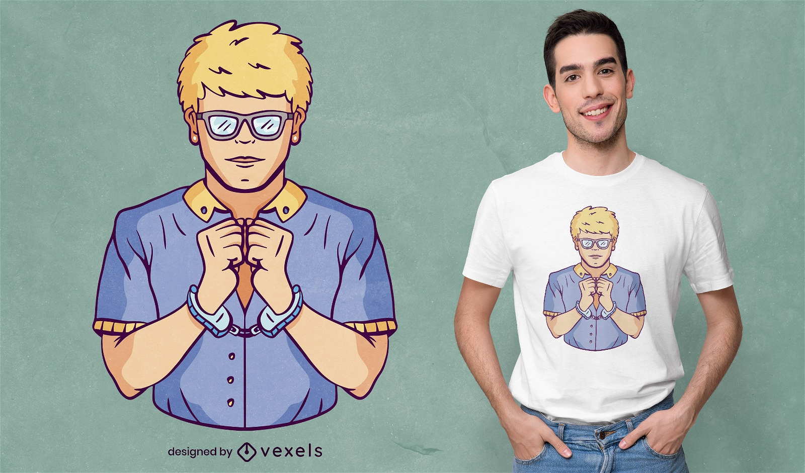 Blonder Mann im T-Shirt-Design mit Handschellen