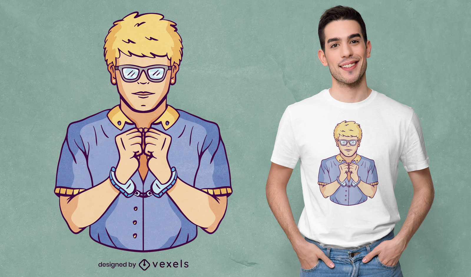 Diseño de camiseta de hombre rubio con esposas