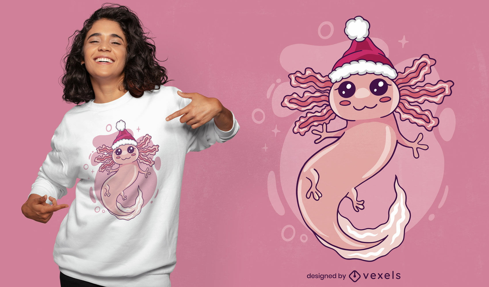 Axolotl en diseño de camiseta de sombrero de navidad