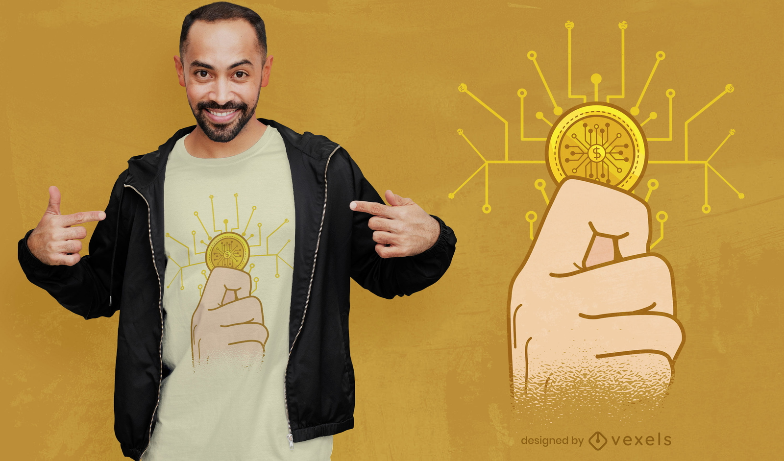 Mano que sostiene el diseño de camiseta de moneda de criptomoneda