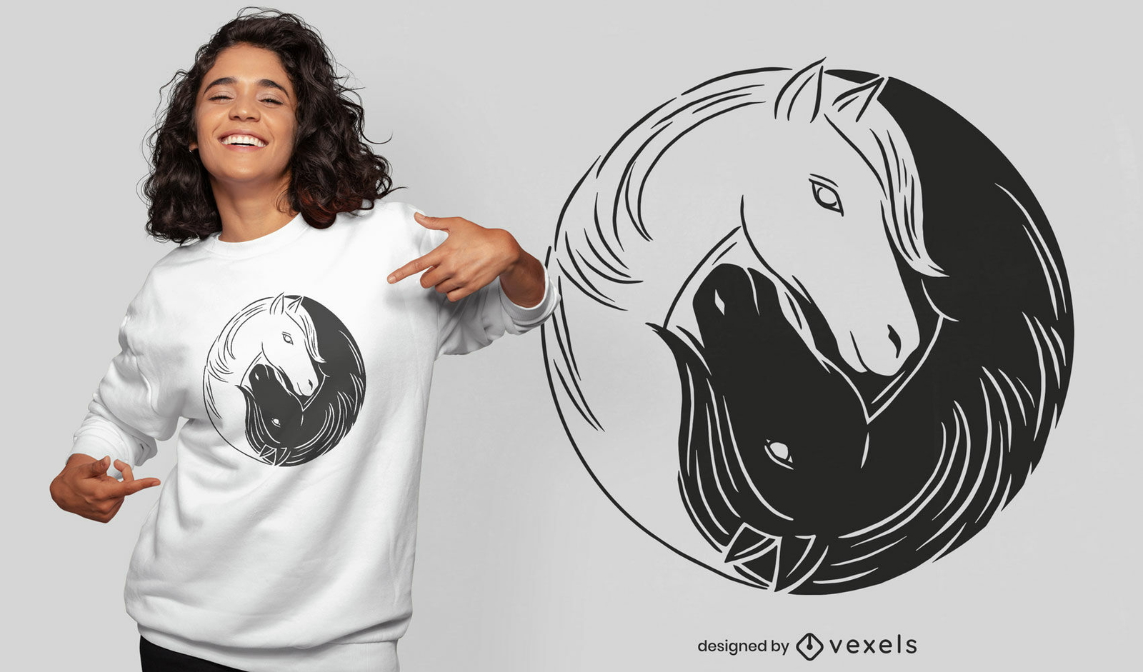 Diseño de camiseta de animales de caballos yin yang.