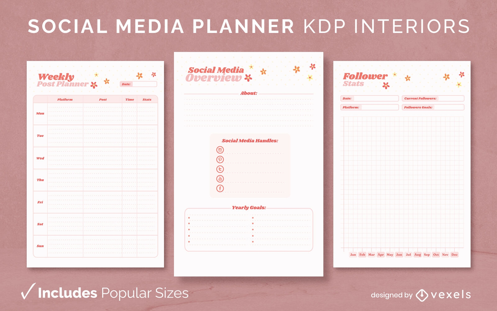 Plantilla de diseño de diario del planificador de redes sociales KDP