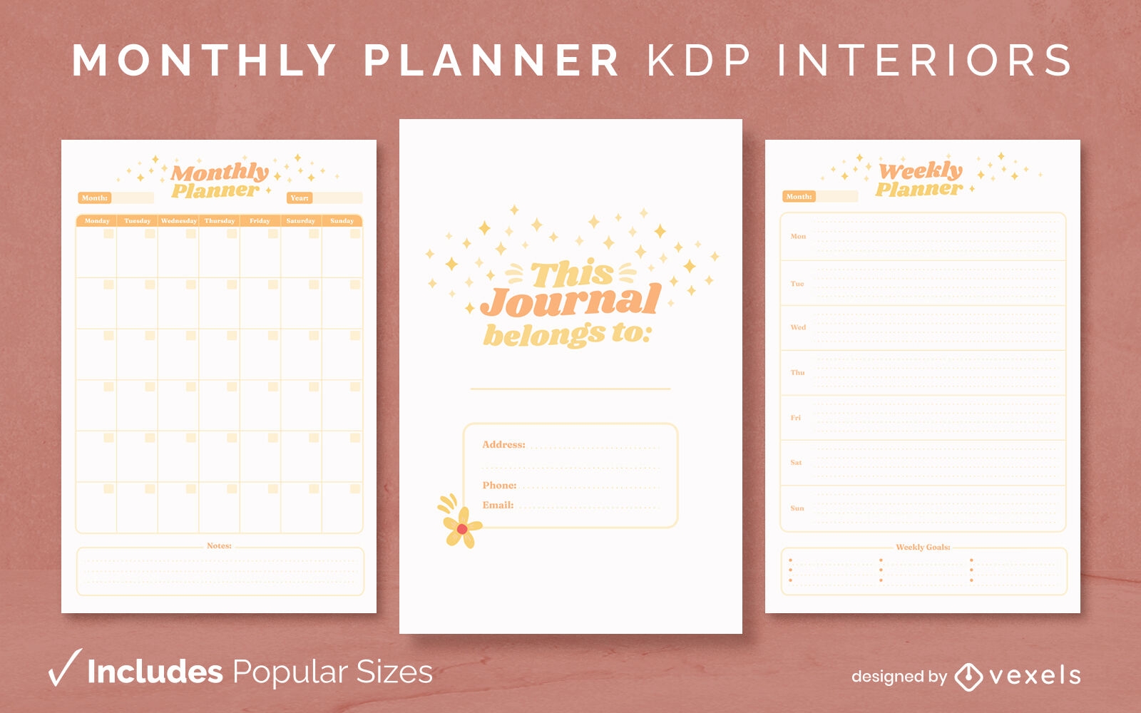 Plantilla de diseño de diario duotono del planificador mensual KDP